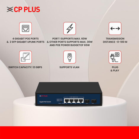 CP Plus 4 Port Giga PoE Switch (CP-DNW-GPU4G2-48) - Image 2