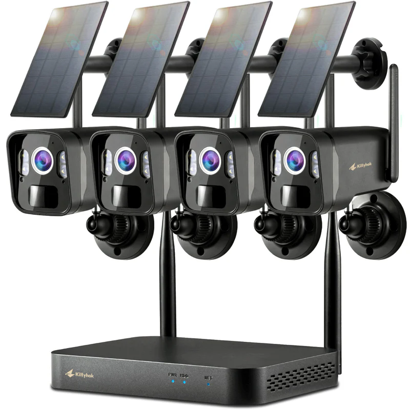 Kittyhok 10CH Solar Outdoor 2K Security Camera System ? 4pcs, 60-Day Storage, No Fee